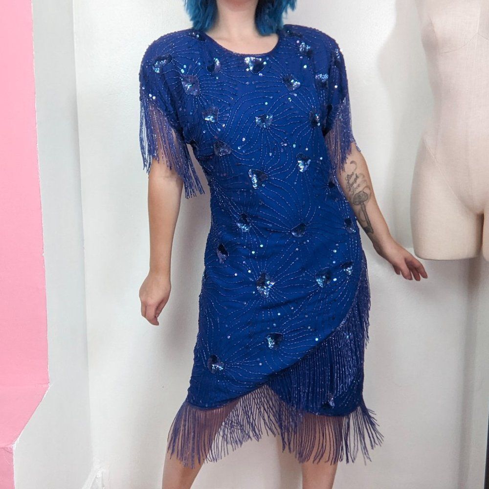 Vintage 80s Blue Sequin & Beaded Fringe Party Dress